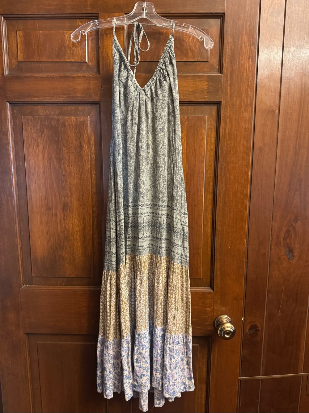 Angie Boho Maxi Dress in Gray, Tan and Blue